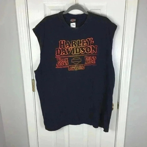 Harley Davidson Men's Tee Black 2XL Sleeveless Tank Top Work Sucks Let's Ride - Picture 1 of 3